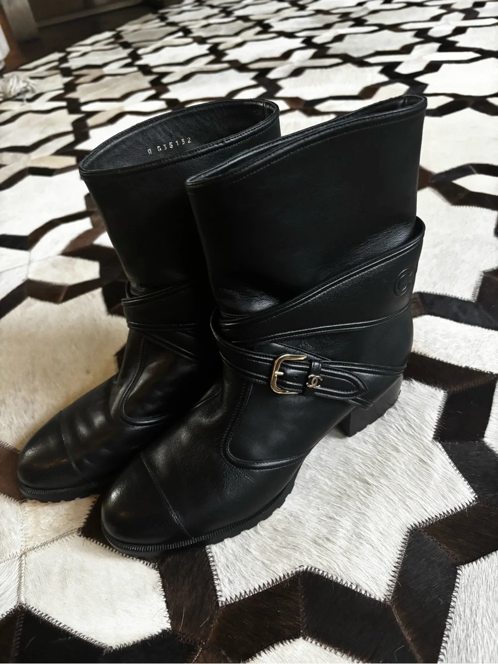 CHANEL Black Leather Low-Calf Buckle Heeled Boots